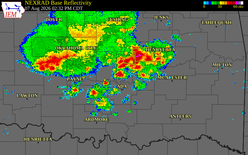 NEXRAD radar during the Friday, August 7, 2026 storm activity in Pontotoc County, Oklahoma