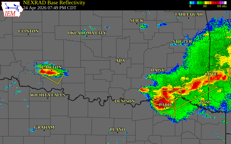 Radar snapshot during the Apr 24, 2026 tornado event near 4 ENE Hickory, Pontotoc County, Oklahoma, with NWS warning polygons