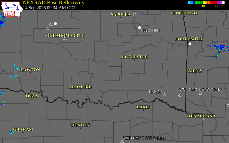 Current NEXRAD radar over Pontotoc County, Oklahoma with recent storm report locations