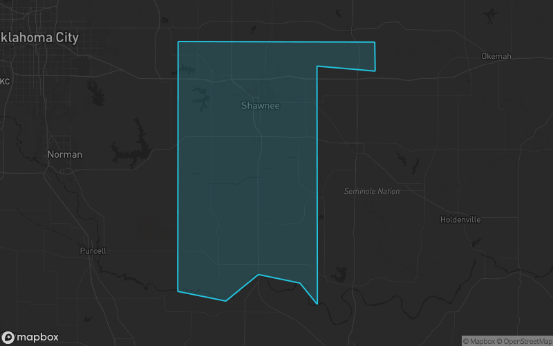 Map of Pottawatomie County, Oklahoma showing the county boundary and surrounding cities