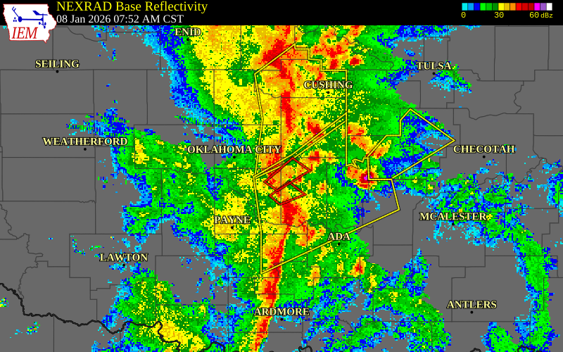 NEXRAD radar during the Thursday, January 8, 2026 storm activity in Pottawatomie County, Oklahoma
