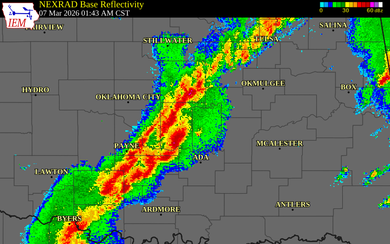 NEXRAD radar during the Saturday, March 7, 2026 storm activity in Pottawatomie County, Oklahoma