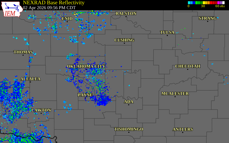 NEXRAD radar during the Thursday, April 2, 2026 storm activity in Pottawatomie County, Oklahoma