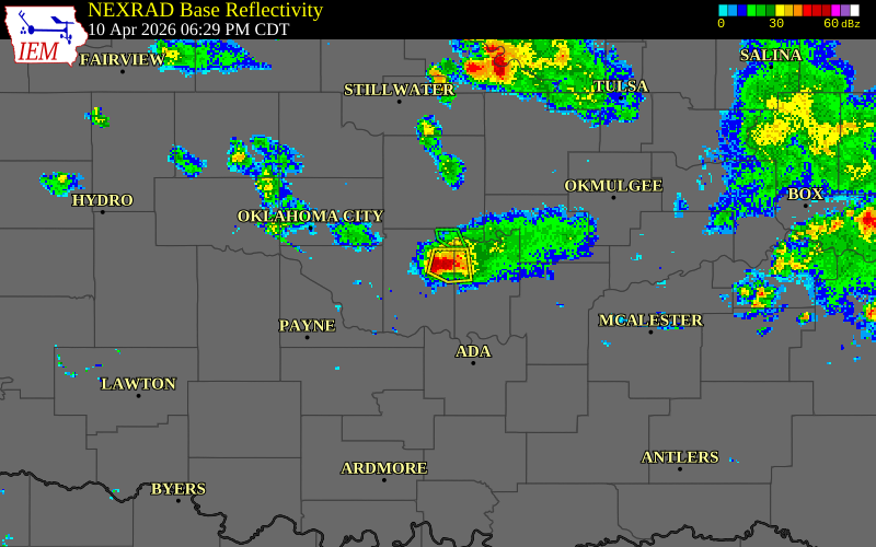 NEXRAD radar during the Friday, April 10, 2026 storm activity in Pottawatomie County, Oklahoma