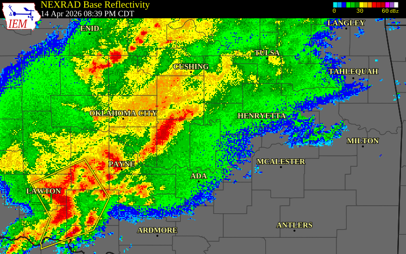 NEXRAD radar during the Tuesday, April 14, 2026 storm activity in Pottawatomie County, Oklahoma