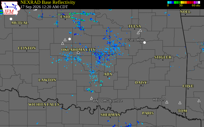 Current NEXRAD radar over Pottawatomie County, Oklahoma with recent storm report locations