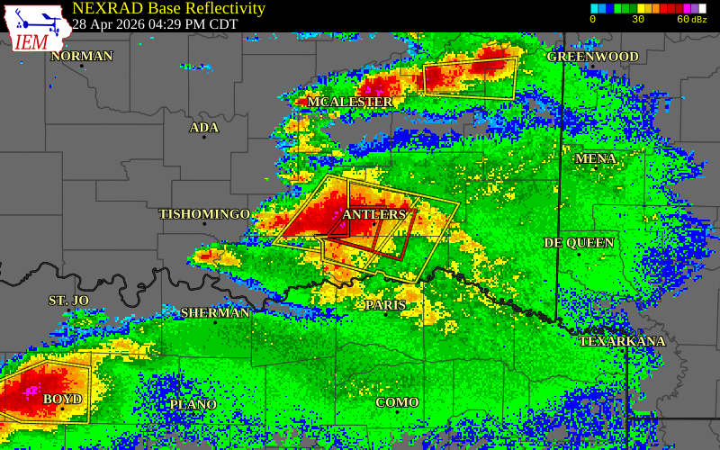 NEXRAD radar during the Tuesday, April 28, 2026 storm activity in Pushmataha County, Oklahoma