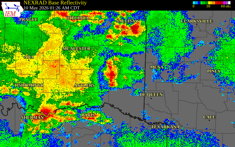 NEXRAD radar during the Sunday, May 10, 2026 storm activity in Pushmataha County, Oklahoma