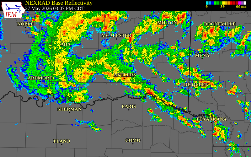 NEXRAD radar during the Wednesday, May 27, 2026 storm activity in Pushmataha County, Oklahoma