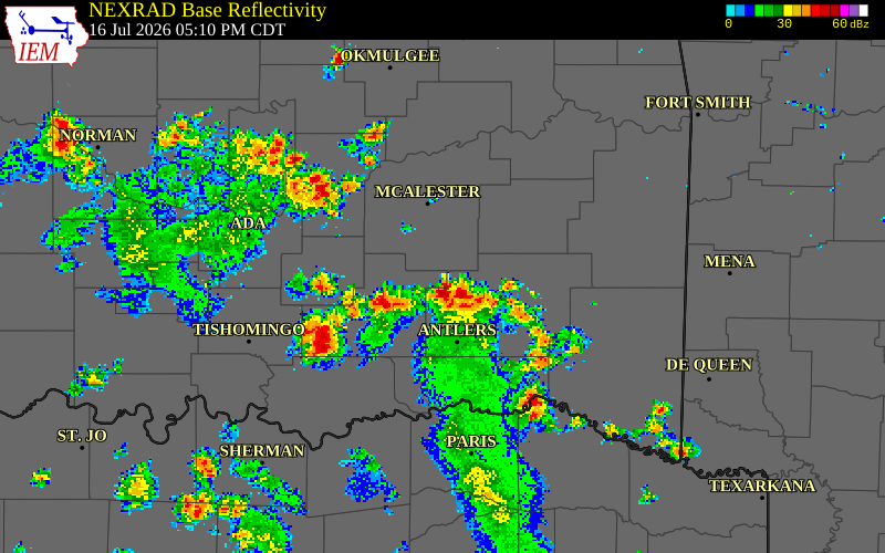 NEXRAD radar during the Thursday, July 16, 2026 storm activity in Pushmataha County, Oklahoma