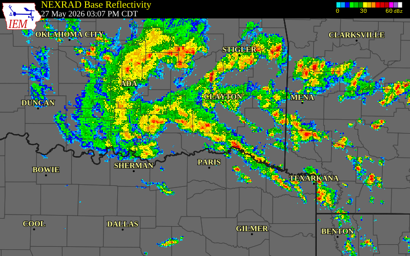Radar snapshot during the May 27, 2026 tornado event near Antlers, Pushmataha County, Oklahoma, with NWS warning polygons