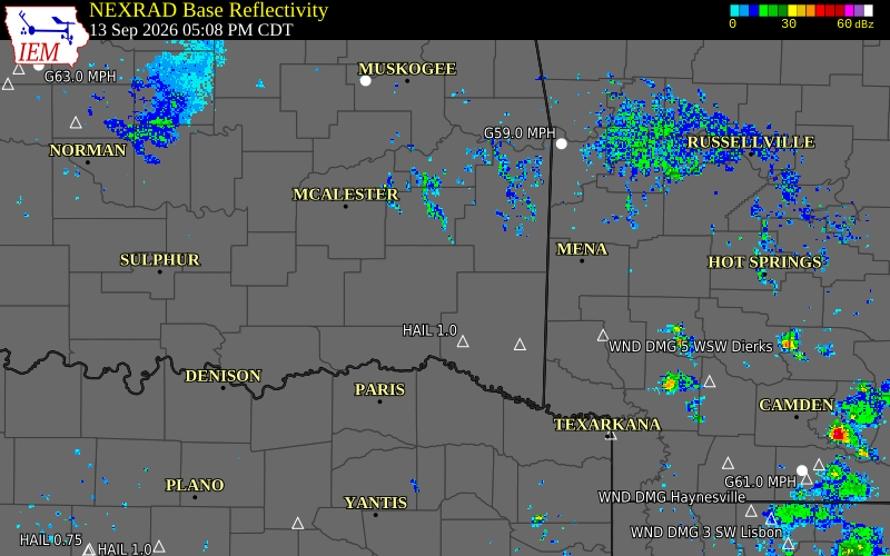Current NEXRAD radar over Pushmataha County, Oklahoma with recent storm report locations