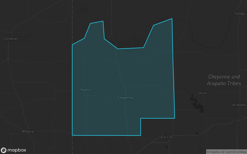 Map of Roger Mills County, Oklahoma showing the county boundary and surrounding cities