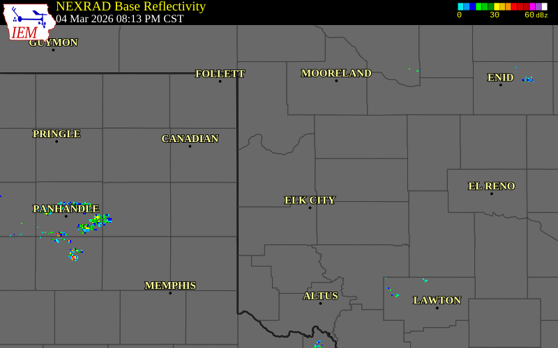 NEXRAD radar during the Wednesday, March 4, 2026 storm activity in Roger Mills County, Oklahoma