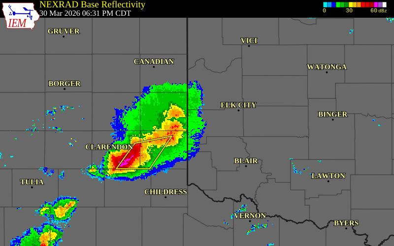 NEXRAD radar during the Monday, March 30, 2026 storm activity in Roger Mills County, Oklahoma
