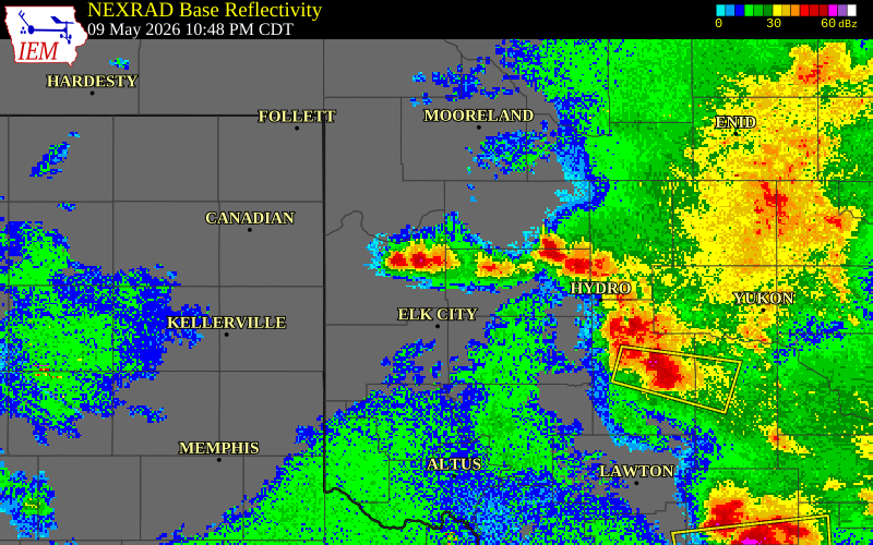 NEXRAD radar during the Saturday, May 9, 2026 storm activity in Roger Mills County, Oklahoma