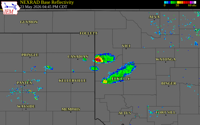 NEXRAD radar during the Saturday, May 23, 2026 storm activity in Roger Mills County, Oklahoma