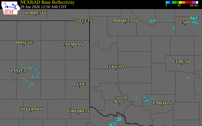 NEXRAD radar during the Monday, June 29, 2026 storm activity in Roger Mills County, Oklahoma