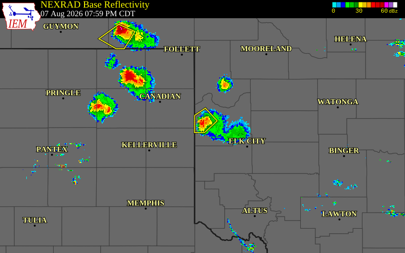 NEXRAD radar during the Friday, August 7, 2026 storm activity in Roger Mills County, Oklahoma
