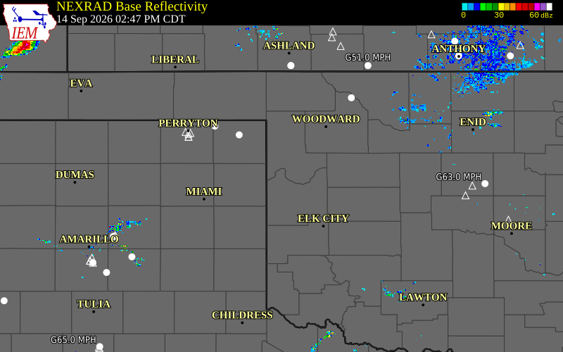 Current NEXRAD radar over Roger Mills County, Oklahoma with recent storm report locations