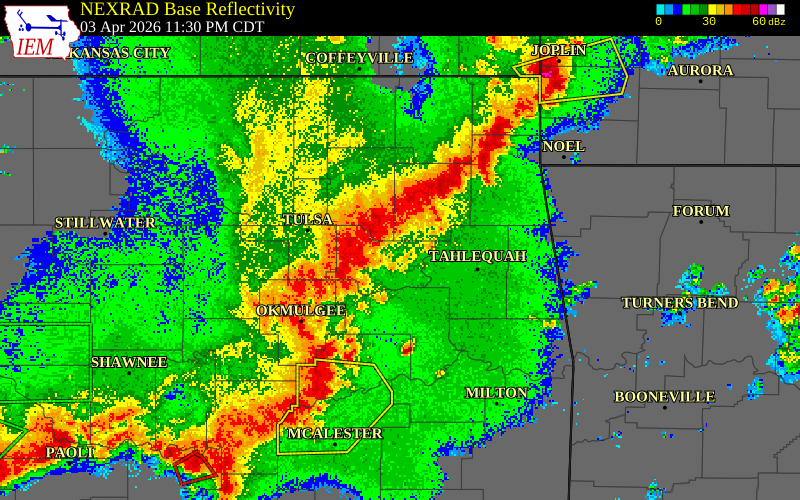 NEXRAD radar during the Friday, April 3, 2026 storm activity in Rogers County, Oklahoma