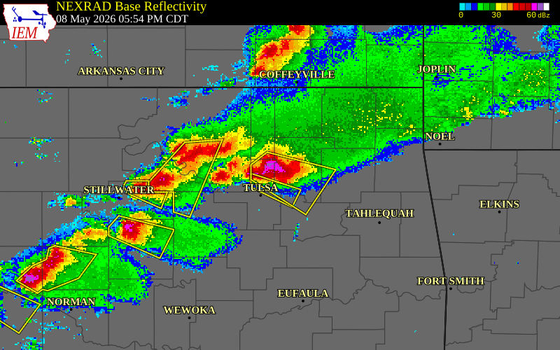 NEXRAD radar during the Friday, May 8, 2026 storm activity in Rogers County, Oklahoma