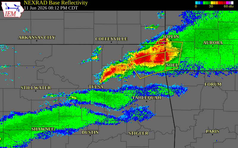 NEXRAD radar during the Thursday, June 11, 2026 storm activity in Rogers County, Oklahoma