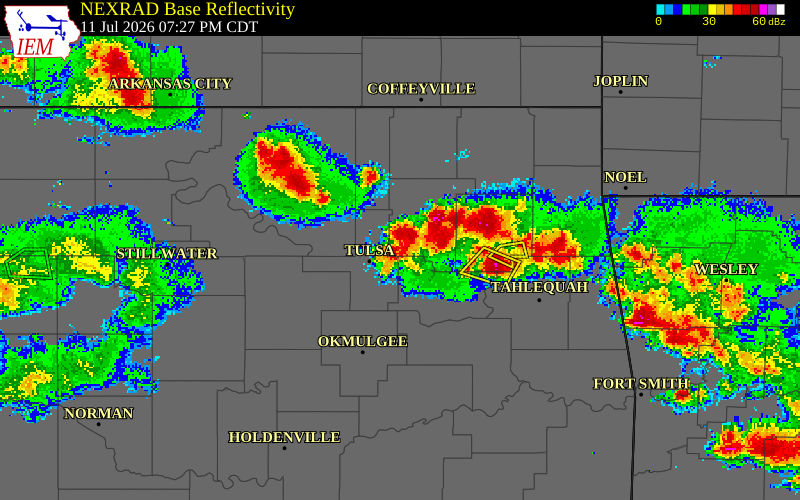 NEXRAD radar during the Saturday, July 11, 2026 storm activity in Rogers County, Oklahoma