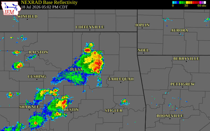 NEXRAD radar during the Saturday, July 18, 2026 storm activity in Rogers County, Oklahoma