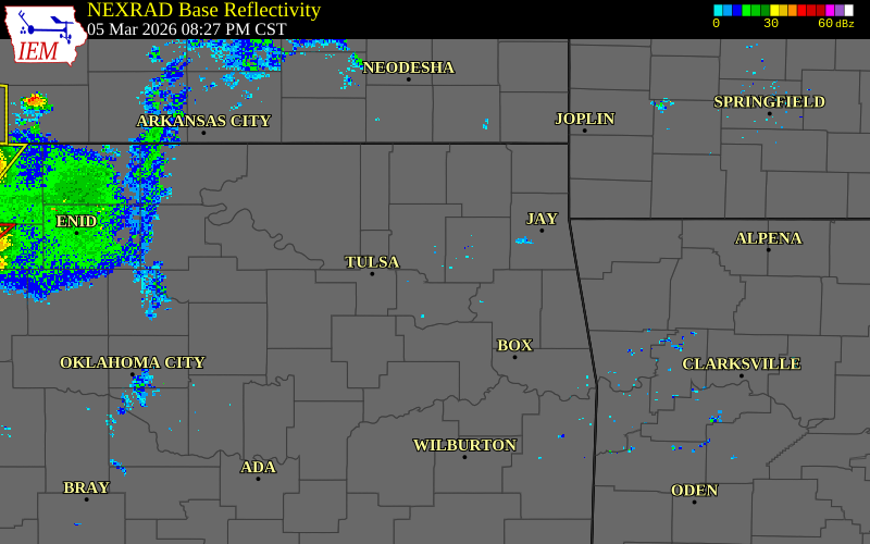 Radar snapshot during the Mar 5, 2026 tornado event near Inola, Rogers County, Oklahoma, with NWS warning polygons