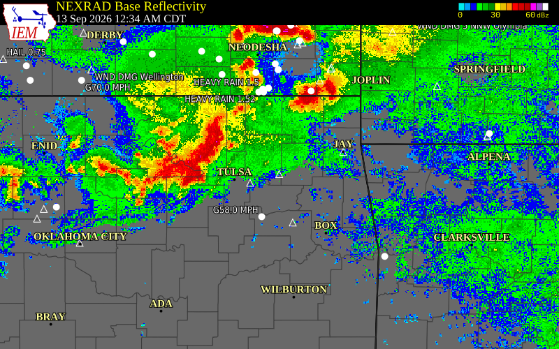 Current NEXRAD radar over Rogers County, Oklahoma with recent storm report locations