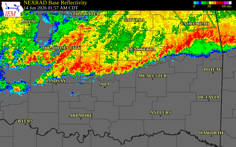 NEXRAD radar during the Sunday, June 14, 2026 storm activity in Seminole County, Oklahoma