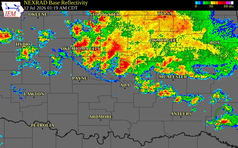 NEXRAD radar during the Sunday, July 12, 2026 storm activity in Seminole County, Oklahoma