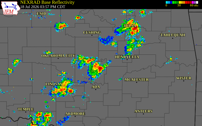 NEXRAD radar during the Saturday, July 18, 2026 storm activity in Seminole County, Oklahoma