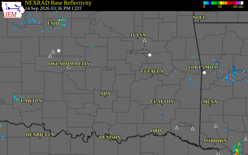 Current NEXRAD radar over Seminole County, Oklahoma with recent storm report locations