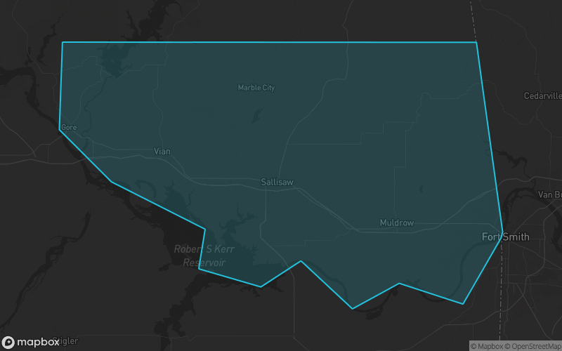 Map of Sequoyah County, Oklahoma showing the county boundary and surrounding cities