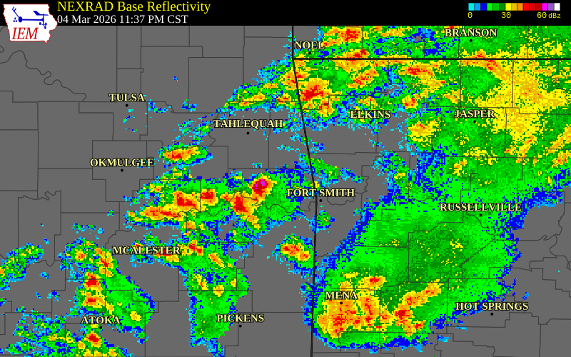 NEXRAD radar during the Wednesday, March 4, 2026 storm activity in Sequoyah County, Oklahoma