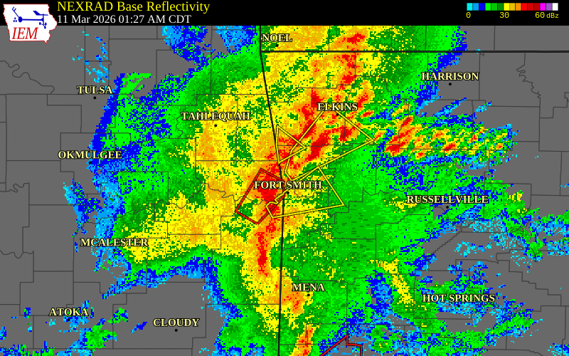 NEXRAD radar during the Wednesday, March 11, 2026 storm activity in Sequoyah County, Oklahoma
