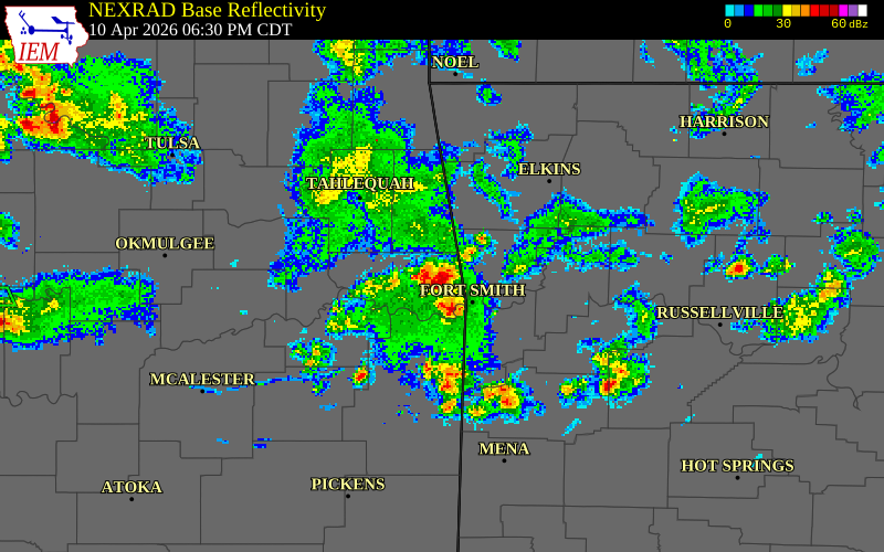 NEXRAD radar during the Friday, April 10, 2026 storm activity in Sequoyah County, Oklahoma