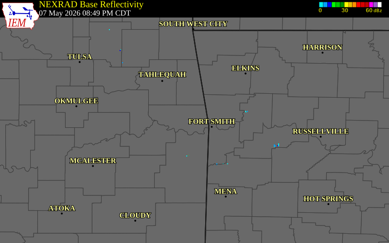 NEXRAD radar during the Thursday, May 7, 2026 storm activity in Sequoyah County, Oklahoma