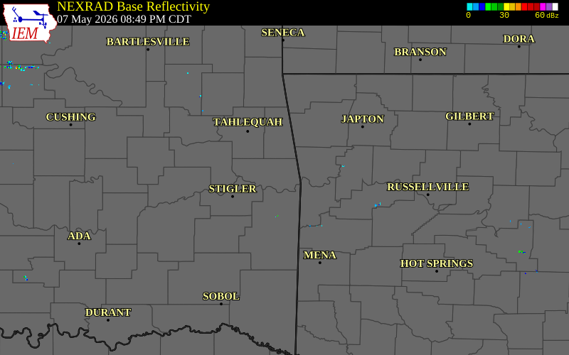Radar snapshot during the May 7, 2026 hail event near 3 N Muldrow, Sequoyah County, Oklahoma, with NWS warning polygons