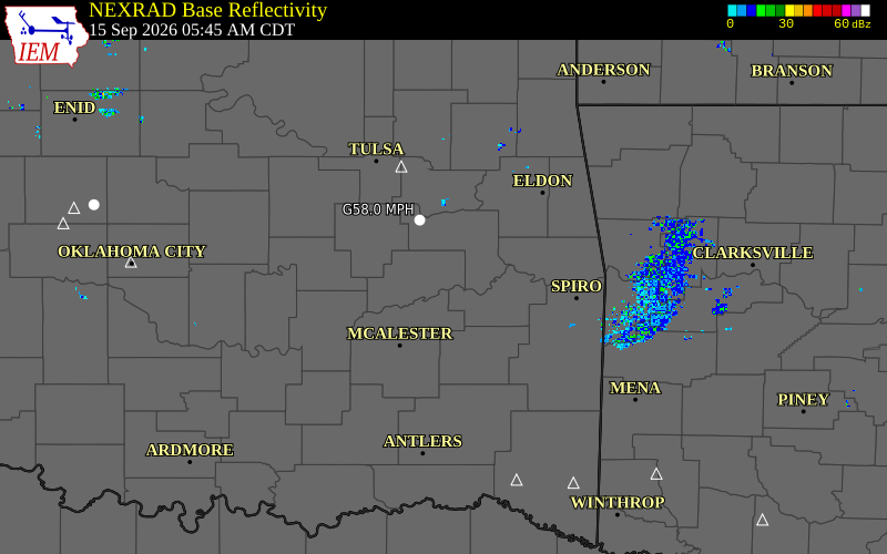 Current NEXRAD radar over Sequoyah County, Oklahoma with recent storm report locations