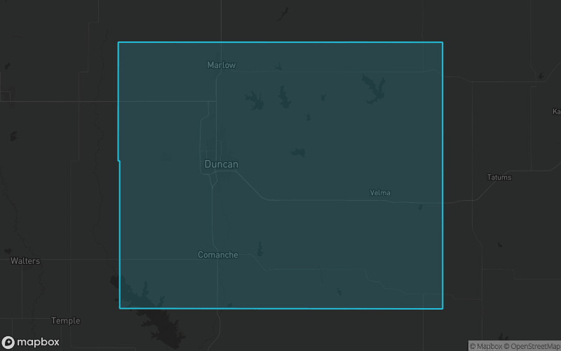 Map of Stephens County, Oklahoma showing the county boundary and surrounding cities