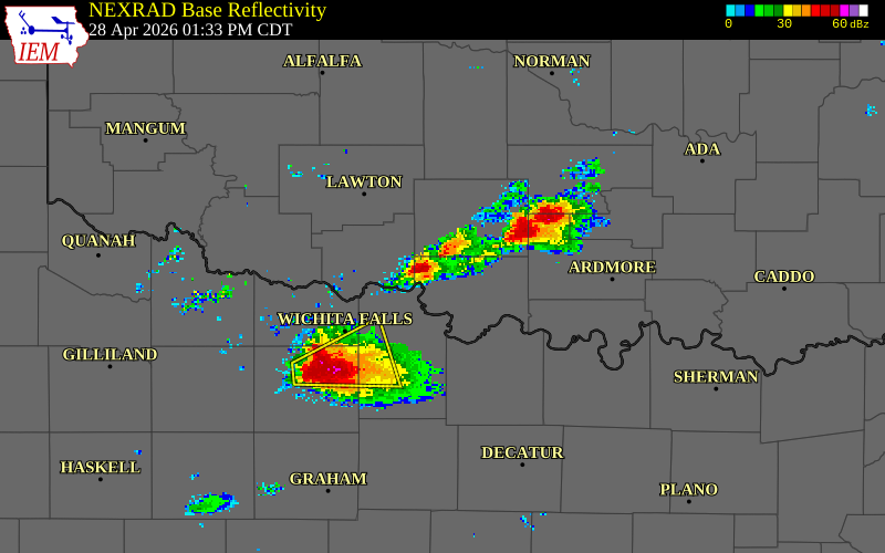 NEXRAD radar during the Tuesday, April 28, 2026 storm activity in Stephens County, Oklahoma