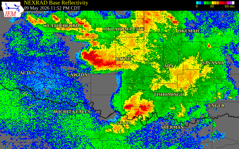 NEXRAD radar during the Saturday, May 9, 2026 storm activity in Stephens County, Oklahoma