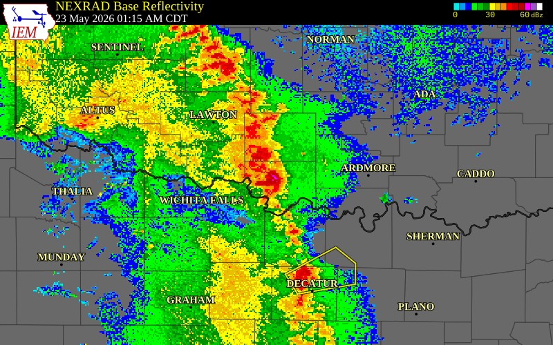 NEXRAD radar during the Saturday, May 23, 2026 storm activity in Stephens County, Oklahoma