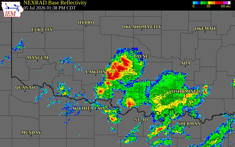 NEXRAD radar during the Sunday, July 5, 2026 storm activity in Stephens County, Oklahoma