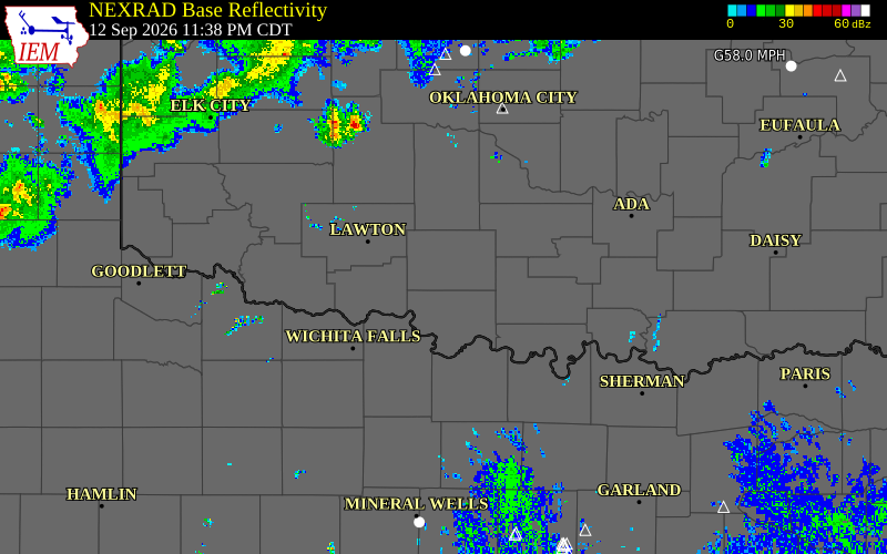 Current NEXRAD radar over Stephens County, Oklahoma with recent storm report locations