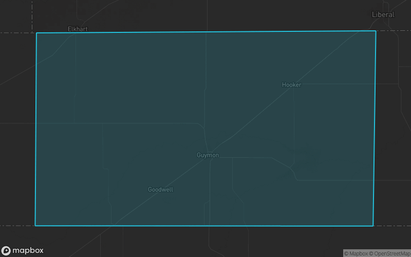 Map of Texas County, Oklahoma showing the county boundary and surrounding cities