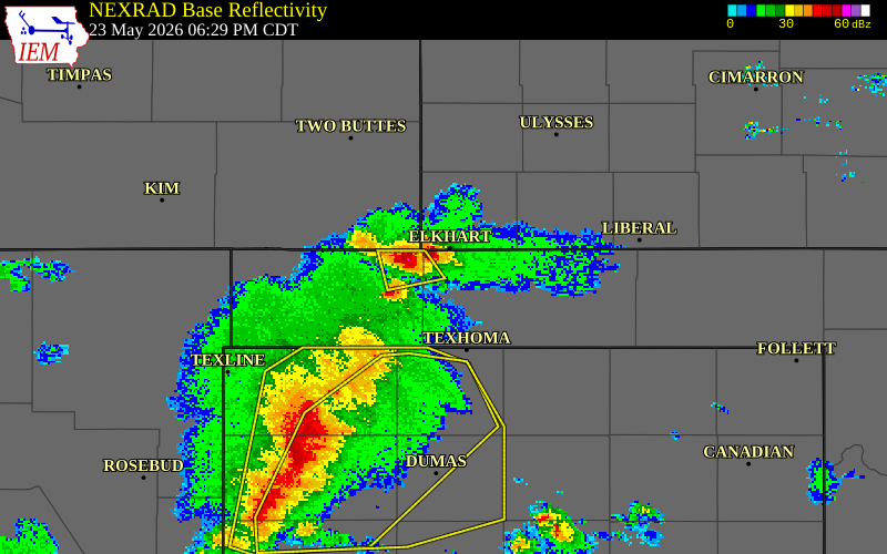 NEXRAD radar during the Saturday, May 23, 2026 storm activity in Texas County, Oklahoma
